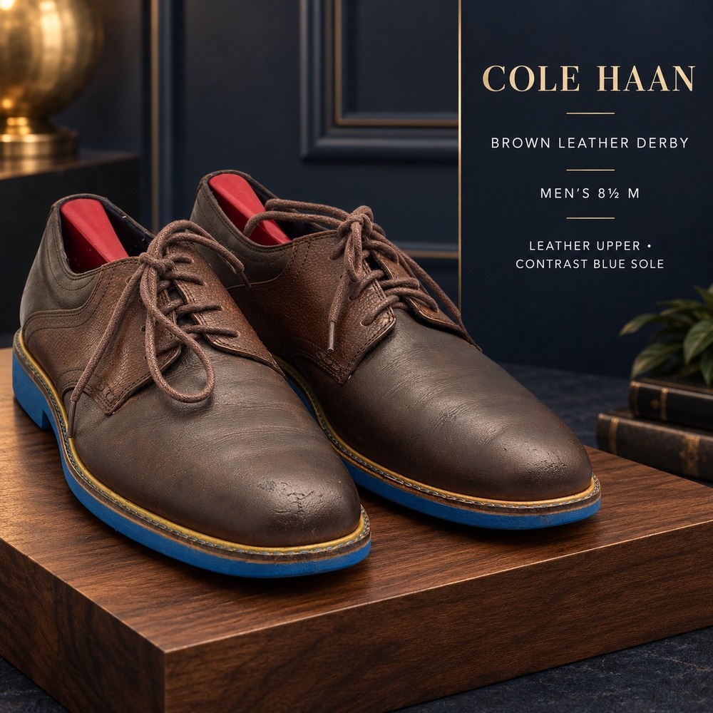 Cole Haan Mens Brown Leather Derby Shoes Blue Sole C11239 Size 8.5 M